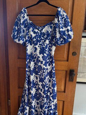Hyacinth House Tuckernuck Blue Floral Puff Sleeve Open Back Dress L